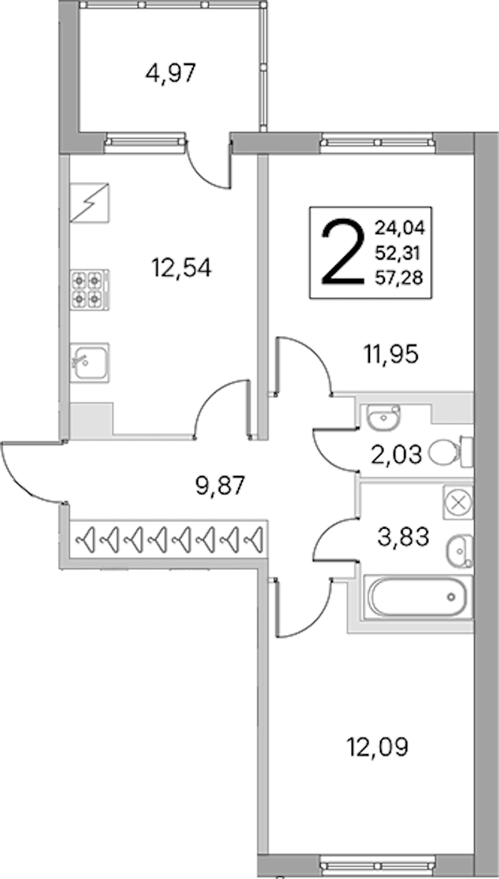 2-комнатная квартира 52.31 м², 1/5 эт., ЖК «ЮгТаун. Олимпийские кварталы»
